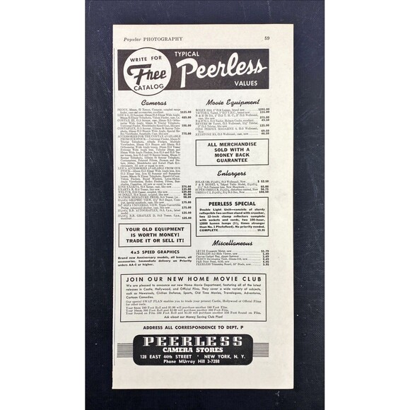 Peerless Camera Stores "Old Equipment Worth Money! Trade or sell It" Ad 1943 - Picture 3 of 3